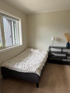 a bedroom with a bed and a window at Mountain View apartment in Isfjorden