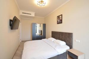a bedroom with a white bed and a television at Domel Tsaghkadzor in Tsaghkadzor