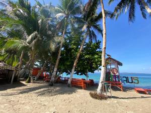 a beach with chairs and palm trees and the ocean at Beachaus Resort in Pandan +16 photos