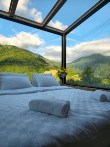 a large bed in a room with a large window at Merisi Horizon 2 in Silibauri +20 photos