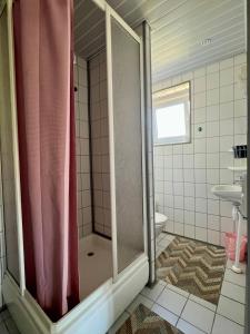 a shower with a glass door in a bathroom at Seedri Guesthouse in Pärnu