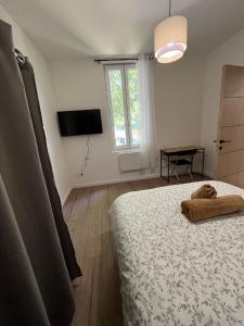 a bedroom with a bed and a television and a window at Chambre privée in Vénissieux