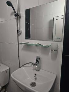 a bathroom with a sink and a mirror and a toilet at Family Hotel Amor in Ruse +15 photos