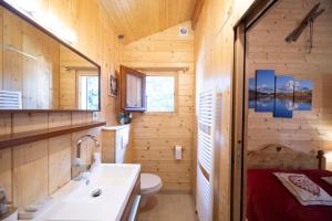 ein Badezimmer in einer Blockhütte mit Waschbecken und Toilette in der Unterkunft La Datcharle in Pugny-Chatenod + 52 Fotos