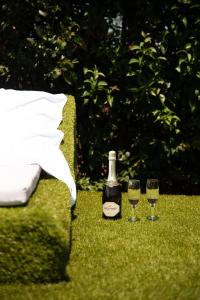 a bottle of wine and two glasses on the grass at Eleas Gi Villa in Vitalades +43 photos