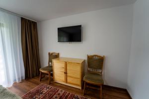 a hotel room with a television and two chairs at Belvedere Retezat in Cîmpu lui Neag +41 photos