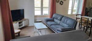 a living room with a couch and a tv at DUPLEX DE LA MOTTE in Beaumont-sur-Sarthe