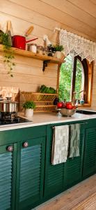 a kitchen with green cabinets and a counter top at Campo Gitano in Gaśno