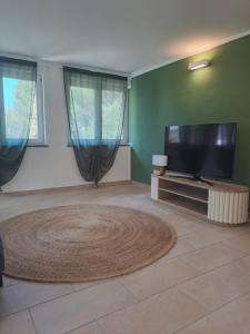 a living room with a flat screen tv and a rug at Chioma verde in Chioma