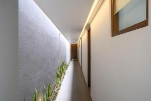 a corridor of a house with plants on the walls at Sunset Loft Seminyak, Bali in Seminyak