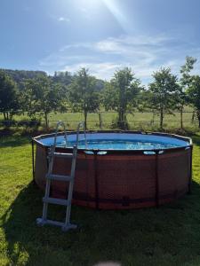 a ladder next to a swimming pool in a yard at House of Aurora in Šwidnik