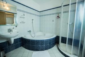 a bathroom with a shower and a tub and a sink at Hotel u Crlíků in Tetčice