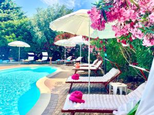 a swimming pool with chairs and umbrellas next to a pool at Mirella Charming in Alberobello