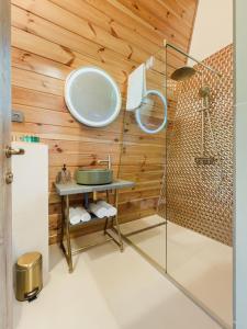 a bathroom with a sink and a mirror at Forest Cuib in Predeluţ