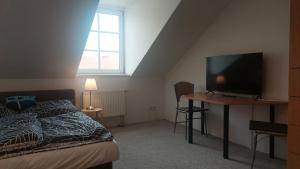 a bedroom with a bed and a desk with a television at Penzion TGM in Příbram