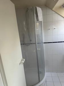 a shower with a glass door in a bathroom at Landhaus Gerdts - 2 in Cuxhaven