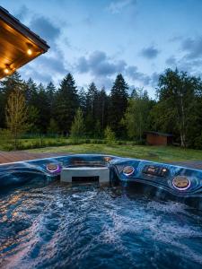 a hot tub in the middle of a yard at American Dream Villa in Łazory