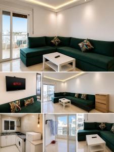 a living room with a green couch and a table at Appartement MIRAMAR in Martil