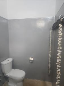 a bathroom with a toilet and a shower curtain at Wow Beach House in Jambiani