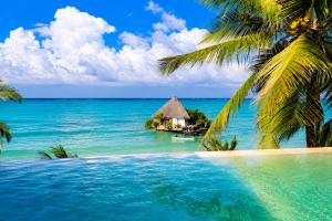 a swimming pool with a resort in the ocean at Villa Duara Zanzibar Rooftop Infinity Pool The Rock View in Michamvi