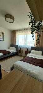 a bedroom with two beds and a large window at Apartment Illerblick in Dettingen an der Iller
