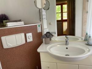 a bathroom with a white sink and a mirror at Haus Louise in Reit im Winkl
