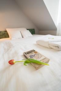a flower on a bed with a book on it at Hotel u Crlíků in Tetčice +33 photos