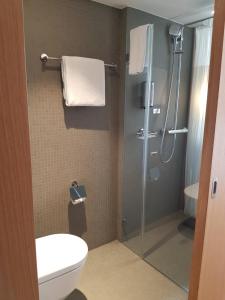 een badkamer met een douche, een toilet en een wastafel bij East West Hotel Basel in Bazel