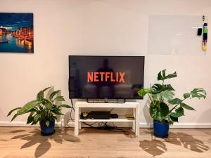 a flat screen tv sitting on a white stand with two plants at Studio Américain Haut de Gamme in Toulon