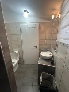 a small bathroom with a sink and a toilet at Agathe Haus in Stavros