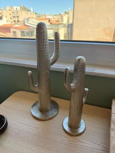 two cactuses sitting on a table in front of a window at The Athenian Pearl in Athens