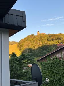 a house with a view of a hill with trees at Apartamenty Harnaś in Rytro