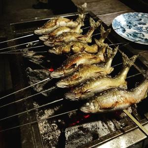 a group of fish are cooking on a grill at Oyamanoyado Michitsuji in Otoyocho