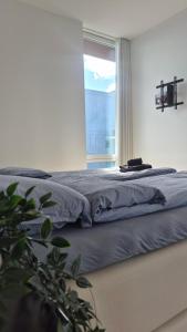 a bedroom with a bed with a large window at Seabreeze Suite in Arendal