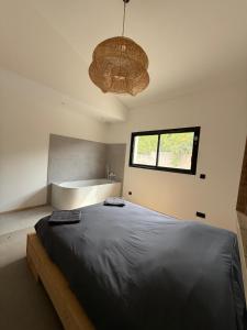 a bedroom with a large bed and a sink at La Villa Andromède 10pers in Martillac