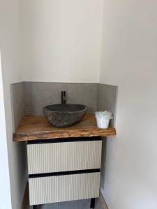 a bathroom sink with a stone bowl on a counter at La Villa Andromède 10pers in Martillac +12 photos