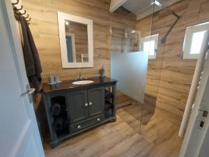 a bathroom with a sink and a glass shower at Villa Mar veluwe in Ermelo
