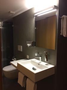 La salle de bains est pourvue d'un lavabo, de toilettes et d'un miroir. dans l'établissement East West Hotel Basel, à Bâle