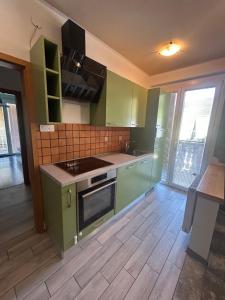 a kitchen with green cabinets and a wooden floor at Guesthouse Ema in Bohinj