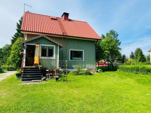 a green house with a red roof on a yard at Toivola , Joroinen in Joroinen