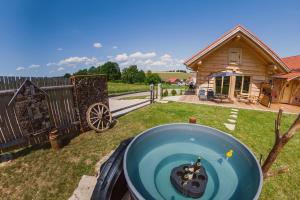 a pool in a yard next to a house at Chalets Waldeck - Urlaub im Fränkischen Seenland und Altmühltal in Raitenbuch