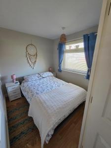 a bedroom with a bed and a window with blue curtains at Seabiscuit in Scratby