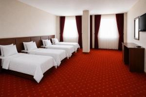 a row of beds in a room with red carpet at Sultan Otel Mardin in Sultan Koyu