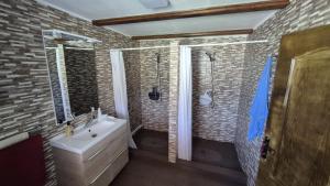 a bathroom with a white sink and a shower at Cabana Relax Time in Vălişoara +15 photos