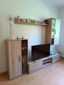 a living room with a flat screen tv on a wooden entertainment center at Ferienwohnung Karl 54 in Gelenau
