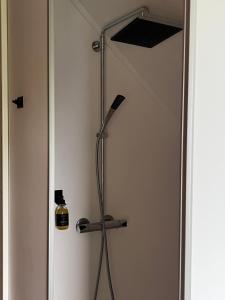 a bathroom with a shower with a blow dryer in a room at Fjord House Hardanger in Grimo
