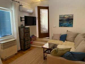 a living room with a couch and a tv at Thermal Corner Guesthouse in Alsópáhok