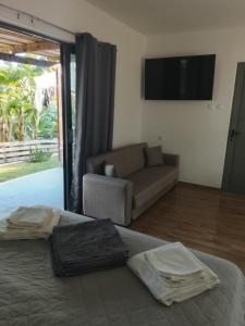 a bedroom with a bed with a couch and a television at Mediterranean Studio Ratzakli in Ratzaklíon