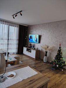 a living room with a christmas tree in it at Апартамент Четири сезона 2 in Velingrad