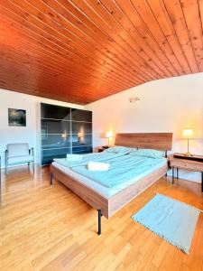 a large bedroom with a large bed and a wooden ceiling at Central Townhouse with Parking in Ljubljana